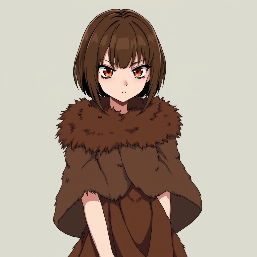 An anime girl with chin-length brown hair and striking animalistic eyes