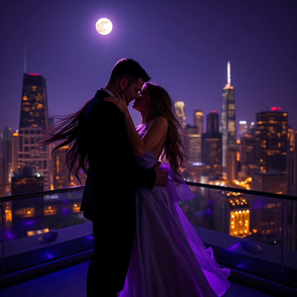 A romantic scene set in Chicago at night, illuminated by soft purple lights