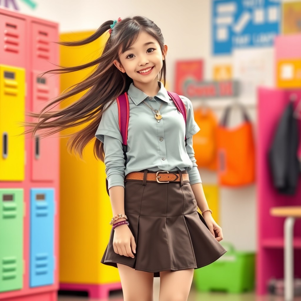 A stylish school girl with a very short skirt, showcasing youthful energy and confidence