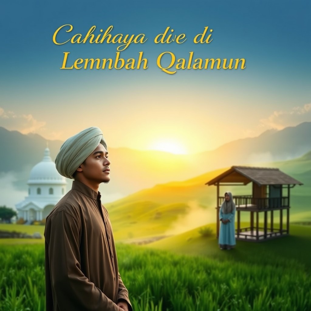 A serene and radiant young man wearing a turban and robe standing in a green valley at dawn, illuminated by soft light from the sky