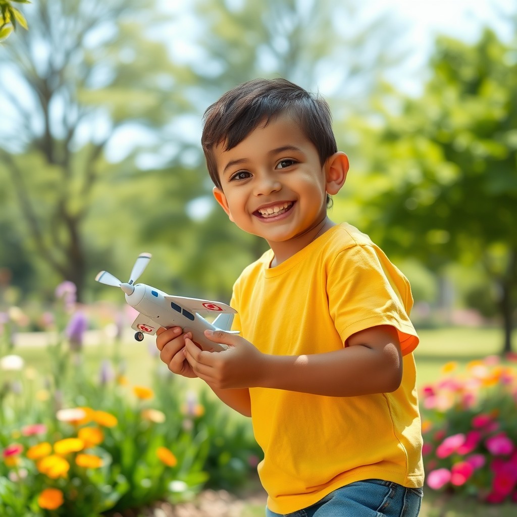 A portrait of a young boy playing in a sunlit park, wearing a bright yellow t-shirt and denim shorts, with a joyful expression on his face