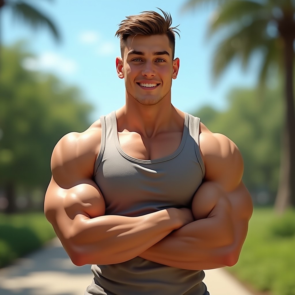 A muscular young man with a big, round, full chest, standing confidently with a relaxed expression