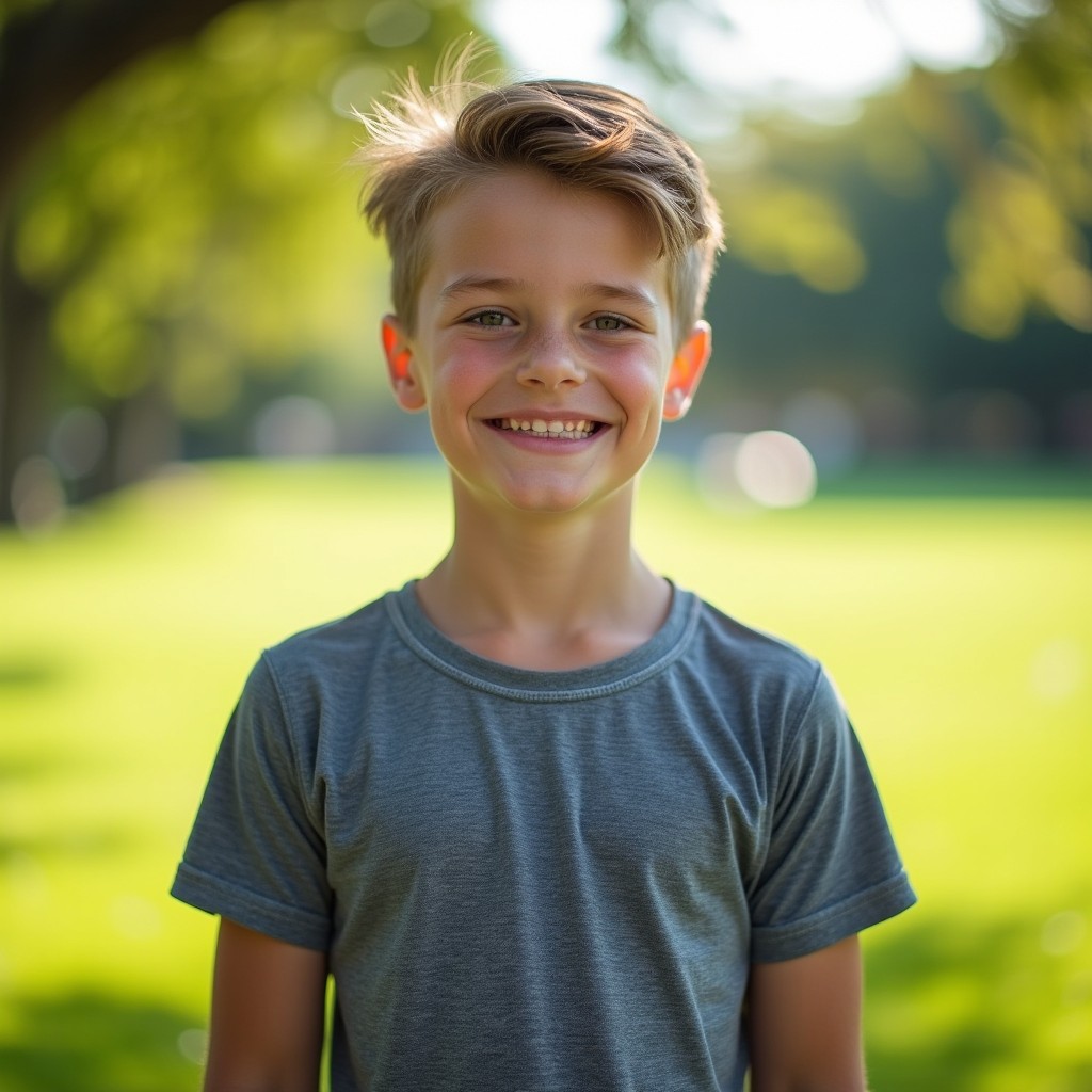 A young athletic boy with a confident smile, wearing a fitted sports tee that emphasizes his strong posture and broad shoulders