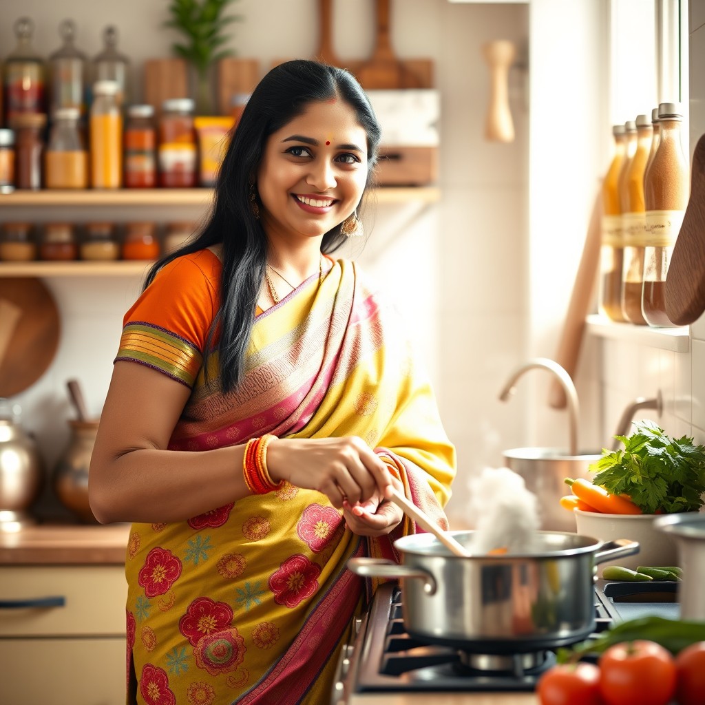 A loving Indian mother in traditional attire, wearing a colorful saree with intricate patterns, standing in a warm home kitchen filled with spices and cooking utensils