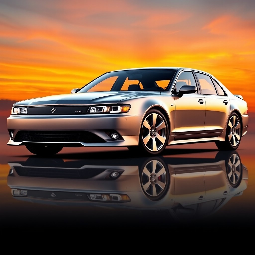 A sleek sedan car featuring a long bumper integrated into the hood, characterized by flat headlights