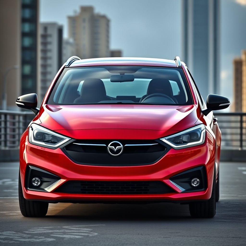 A stylish hatchback car featuring long, sleek headlights and a round hood design
