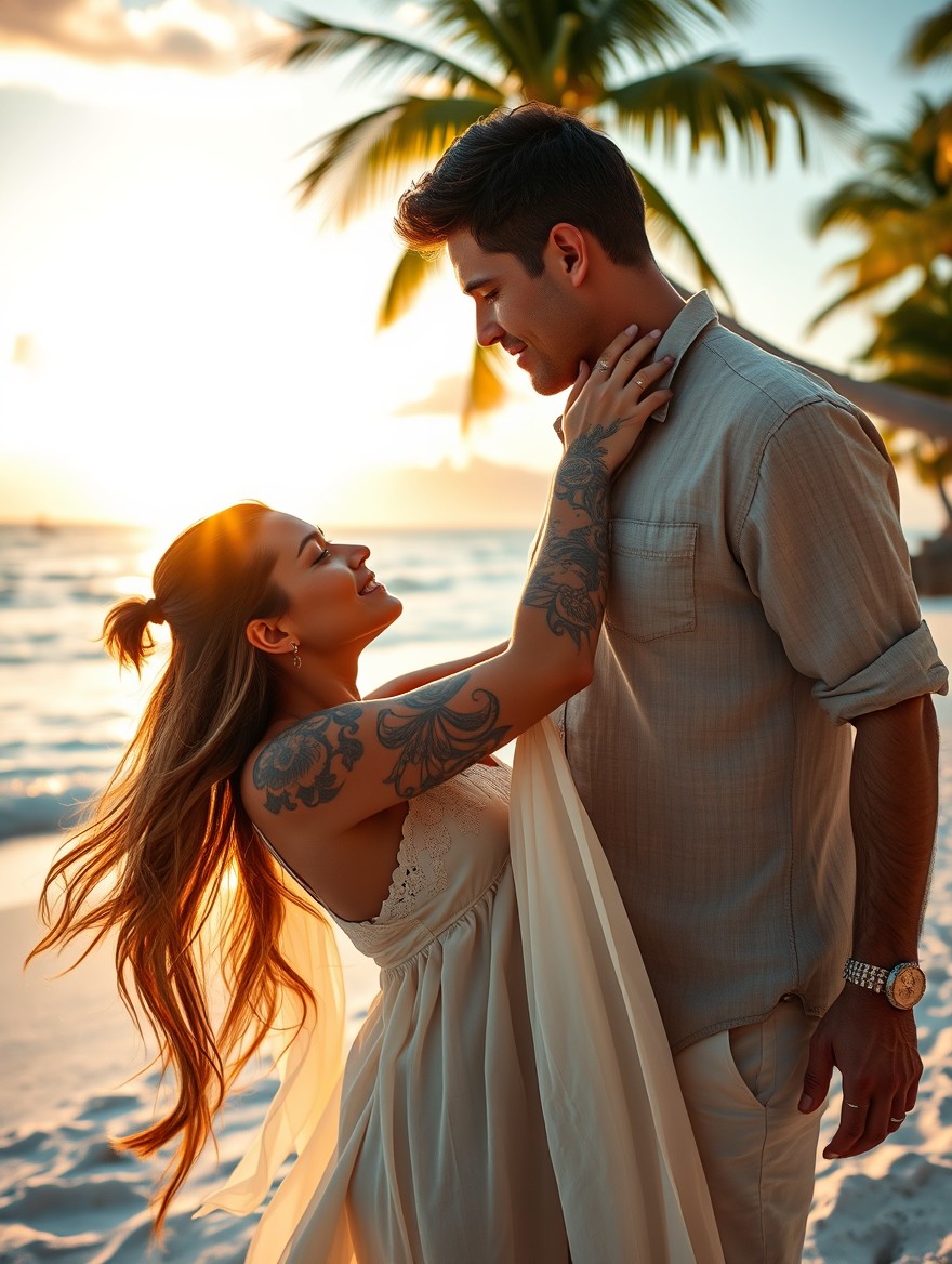 A tattooed woman with intricate body art, exuding confidence and allure, engages in a passionate embrace with a well-dressed male CEO in a tropical paradise