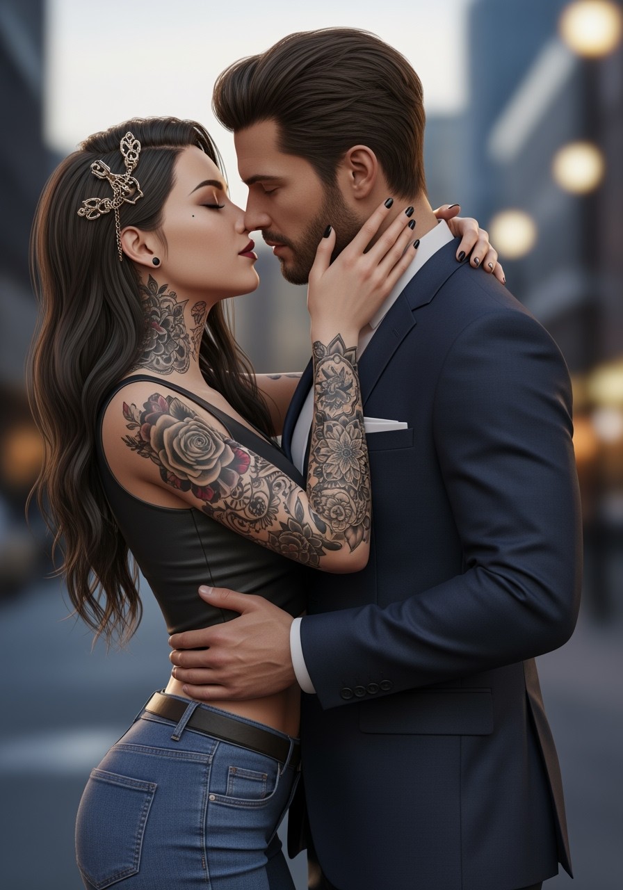 A captivating scene featuring a female tattoo artist, adorned with intricate tattoos and stylish attire, locked in a passionate embrace with a male CEO dressed in a sharp suit