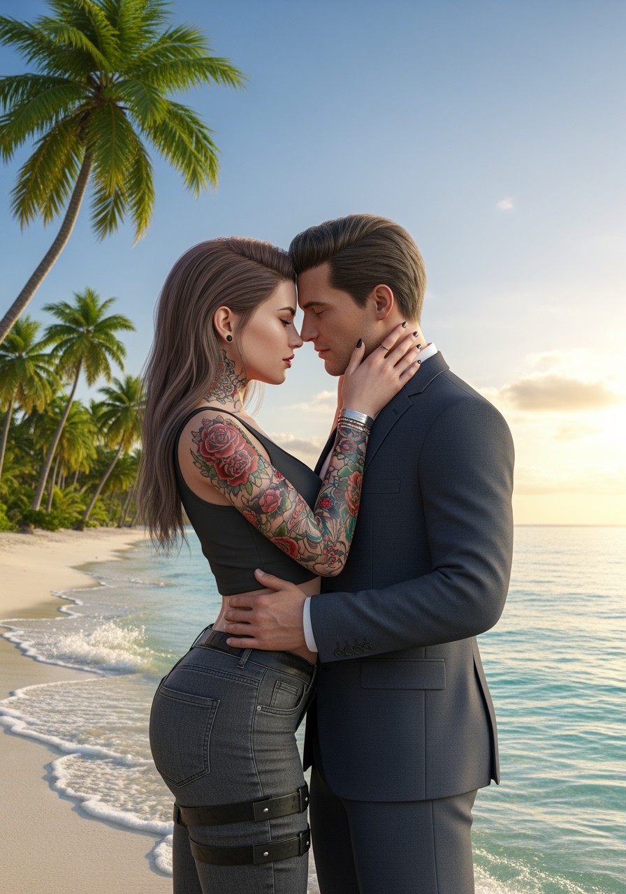 A romantic and captivating scene featuring a female tattoo artist with vibrant tattoos and stylish clothing, locked in a steamy embrace with a male CEO dressed in a sharp suit