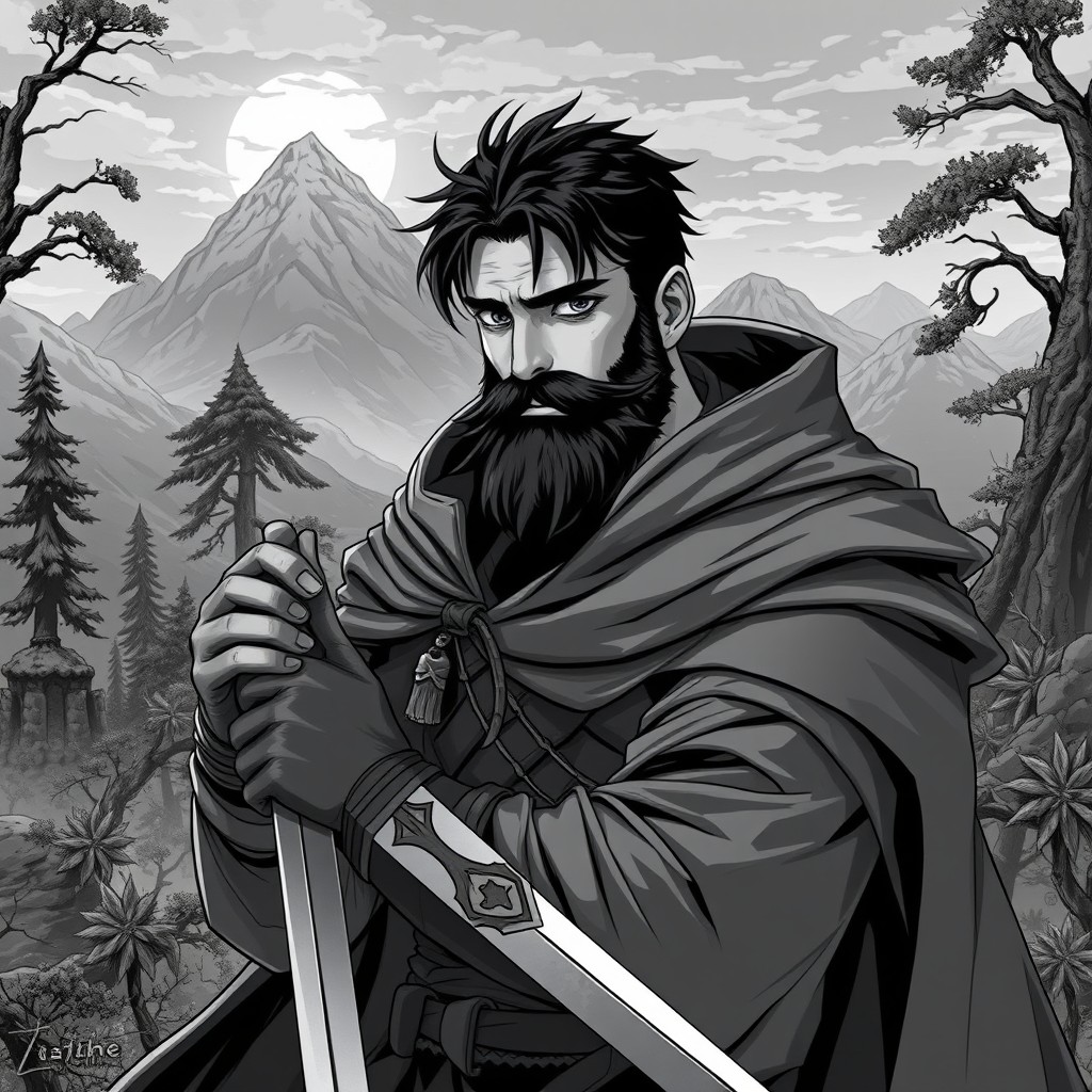 A high fantasy anime-style illustration of a rugged middle-aged human male ranger