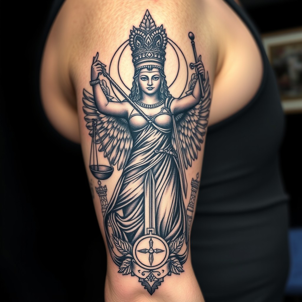 A tattoo design featuring the goddess Diké styled as a statue, representing justice