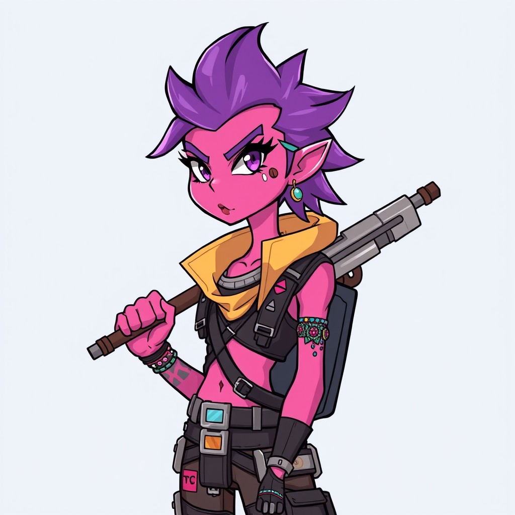 An illustration of a Zeltron Rebel, a humanoid character with vibrant pink skin, wearing a stylish, futuristic outfit complete with various accessories