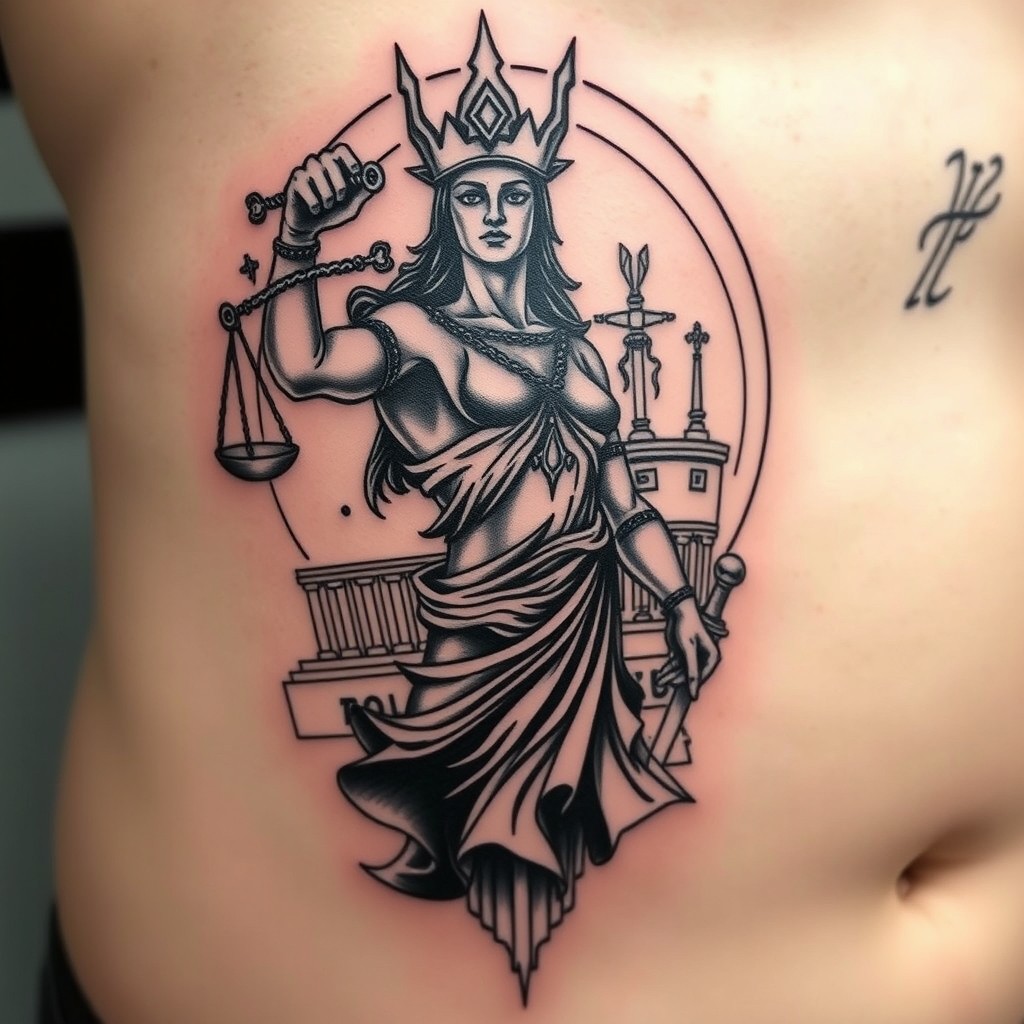 Ideia de tatuagem masculina para preenchimento de meia manga, apresentando a deusa Diké em uma pose poderosa e expressiva