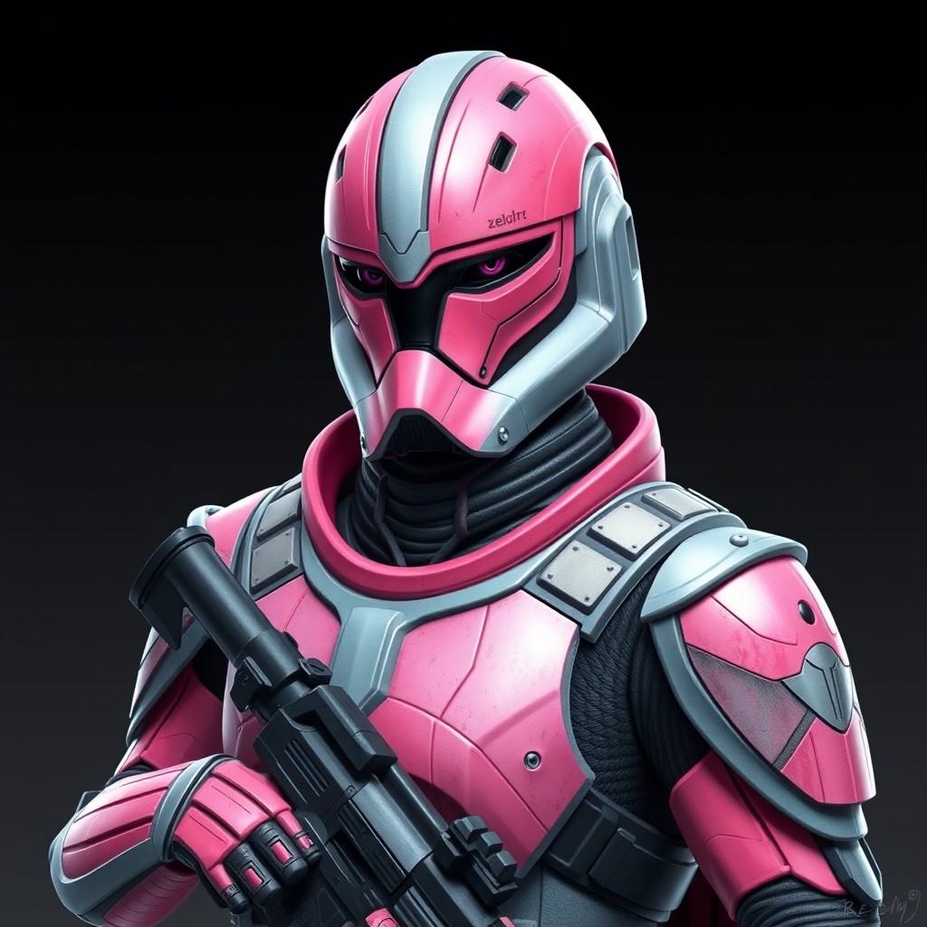 A highly realistic depiction of a Zeltron Soldier from the Star Wars universe, featuring vivid pink skin and wearing an intricately detailed armor that reflects both functionality and style