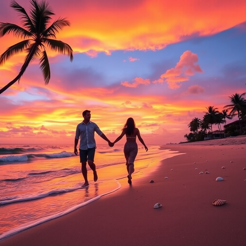 A romantic scene set on a peaceful beach at sunset, a couple holding hands while walking along the shore