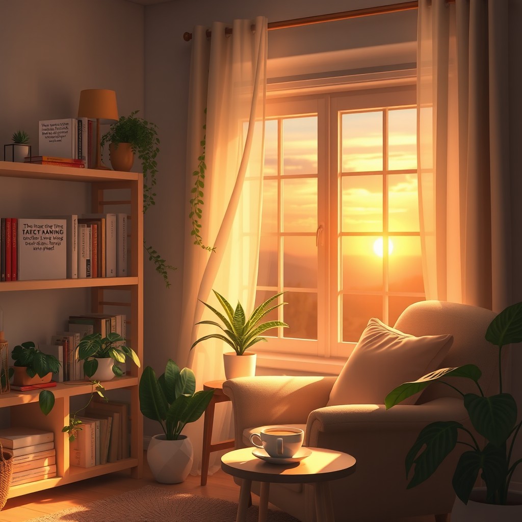A serene and comforting space representing emotional healing after a breakup, featuring a cozy room with soft lighting, a comfortable armchair, and warm colors