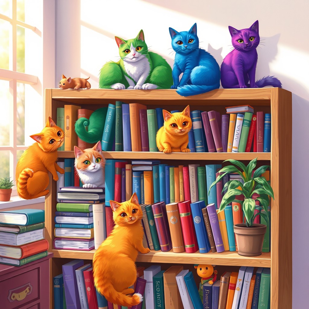 A whimsical scene featuring bright, colorful cats playfully interacting with a bookshelf