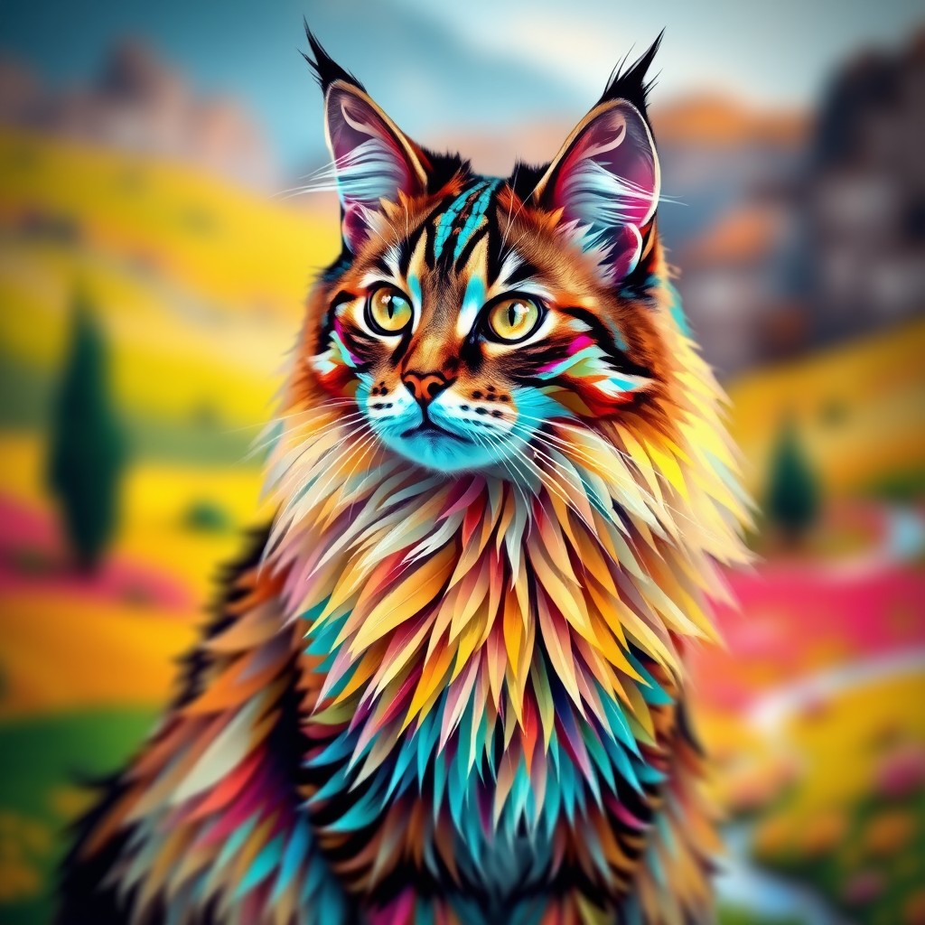 A stunning mosaic-style image of a long-haired cat, featuring a vibrant array of bright colors like turquoise, magenta, and sunny yellow