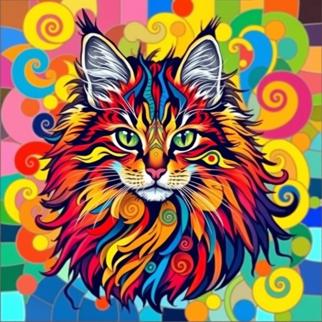 An eye-catching mosaic-style portrait of a long-haired cat, featuring a dynamic and intricate design bursting with vibrant colors
