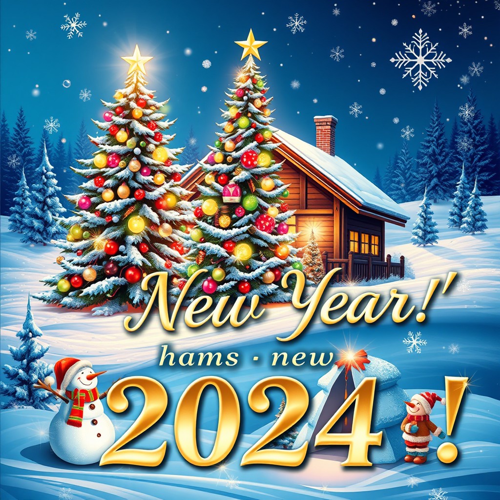 A vibrant and festive New Year's poster featuring a joyful winter scene with a beautifully decorated Christmas tree adorned with colorful lights, surrounded by playful snowflakes