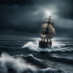 A ominous boat sailing across a moonlit, stormy ocean with towering waves and a foreboding, dark sky.