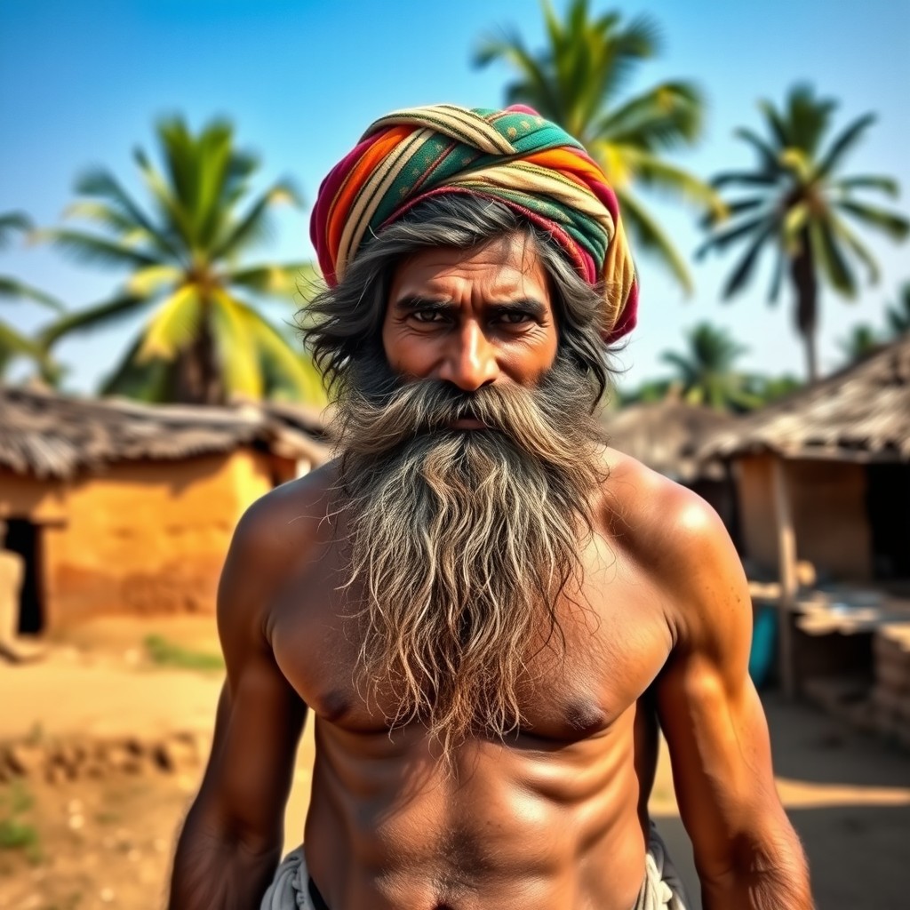 A rugged Indian villager with a thick, wiry beard and a muscular build, standing proudly in a rural village setting