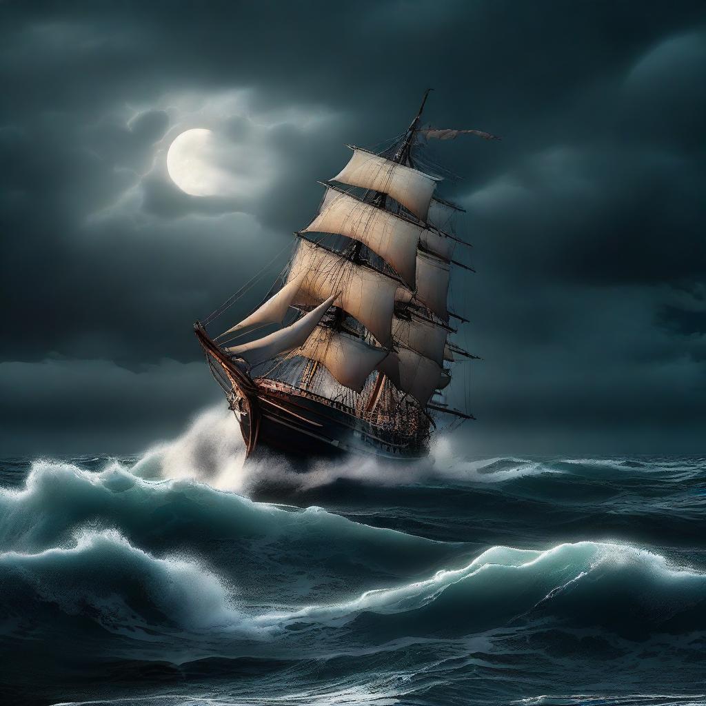 A ominous boat sailing across a moonlit, stormy ocean with towering waves and a foreboding, dark sky.