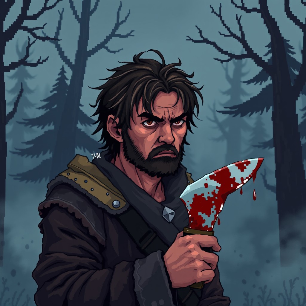 A dark fantasy scene in a 16:9 pixel art format, featuring a nervous man with a tense expression, glancing off-screen as he anxiously waits