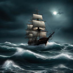 A ominous boat sailing across a moonlit, stormy ocean with towering waves and a foreboding, dark sky.