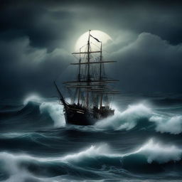 A ominous boat sailing across a moonlit, stormy ocean with towering waves and a foreboding, dark sky.