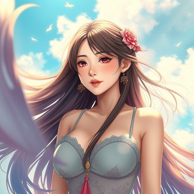 A beautiful waifu-style girl, with large breasts, long hair flowing in the wind