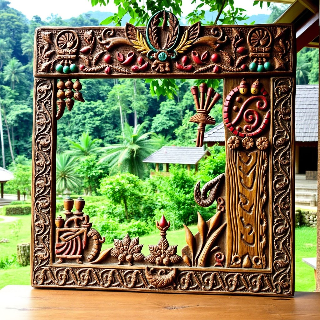 A traditional Batak gorga batak, intricately carved wooden panel showcasing vibrant colors and detailed patterns