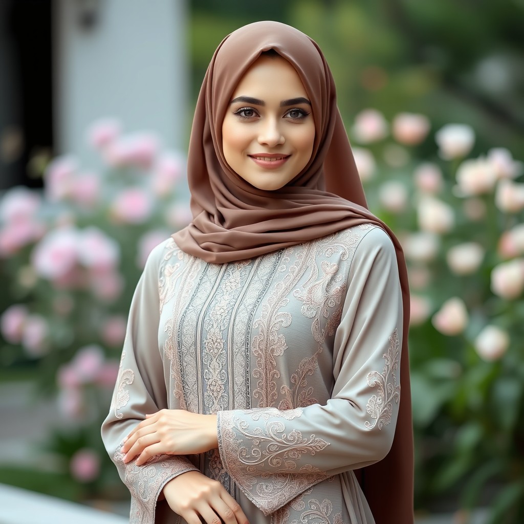 A beautiful woman wearing a stylish jilbab, featuring intricate embroidery and elegant fabric