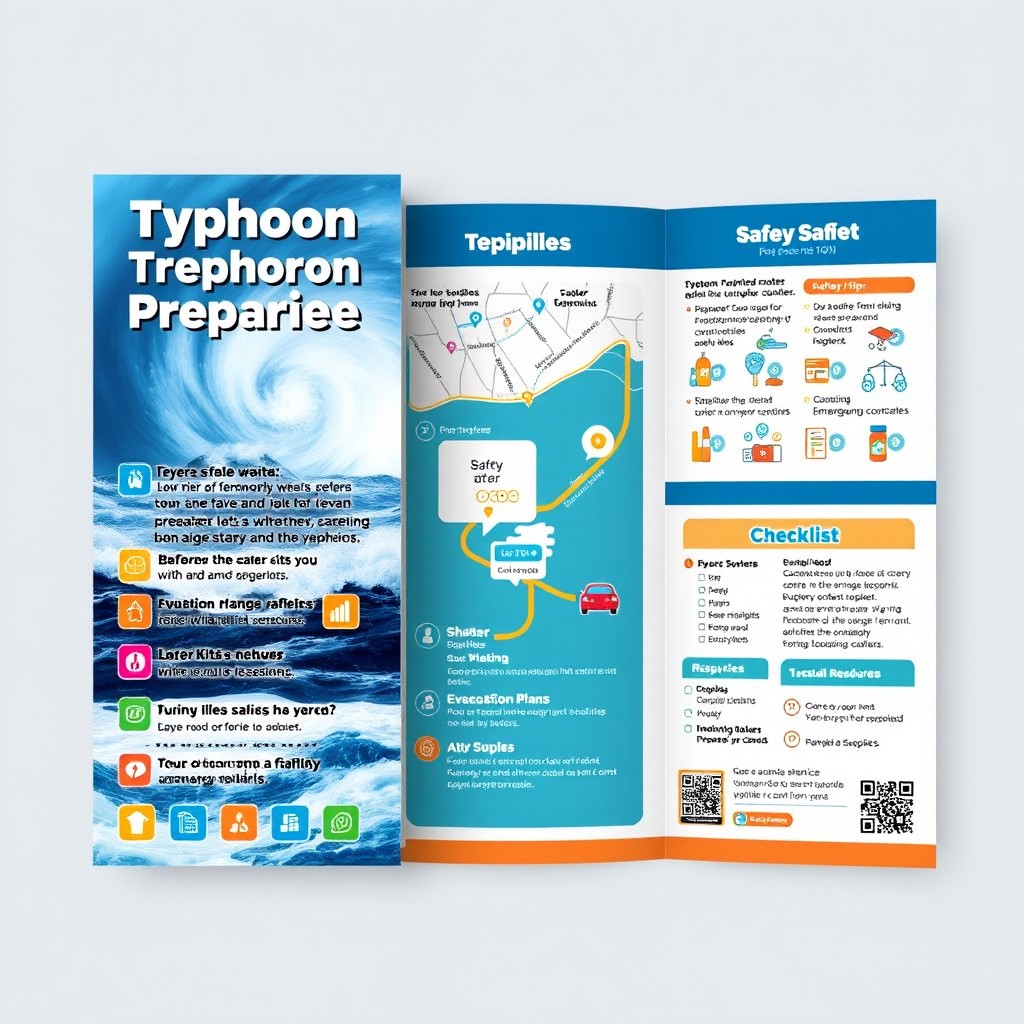 A visually striking tri-fold pamphlet design focused on typhoon safety