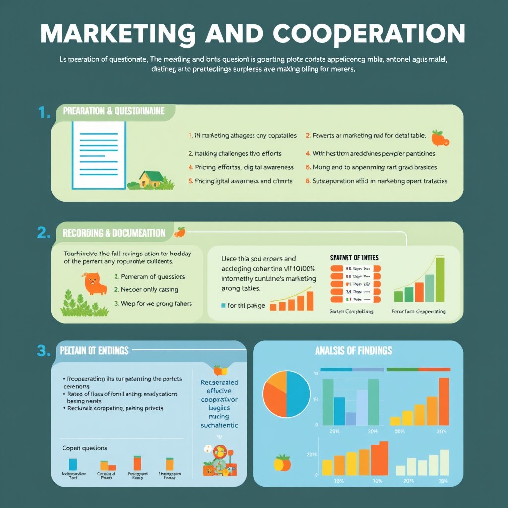 A professional and informative infographic showcasing the steps involved in a marketing and cooperation survey among farmers