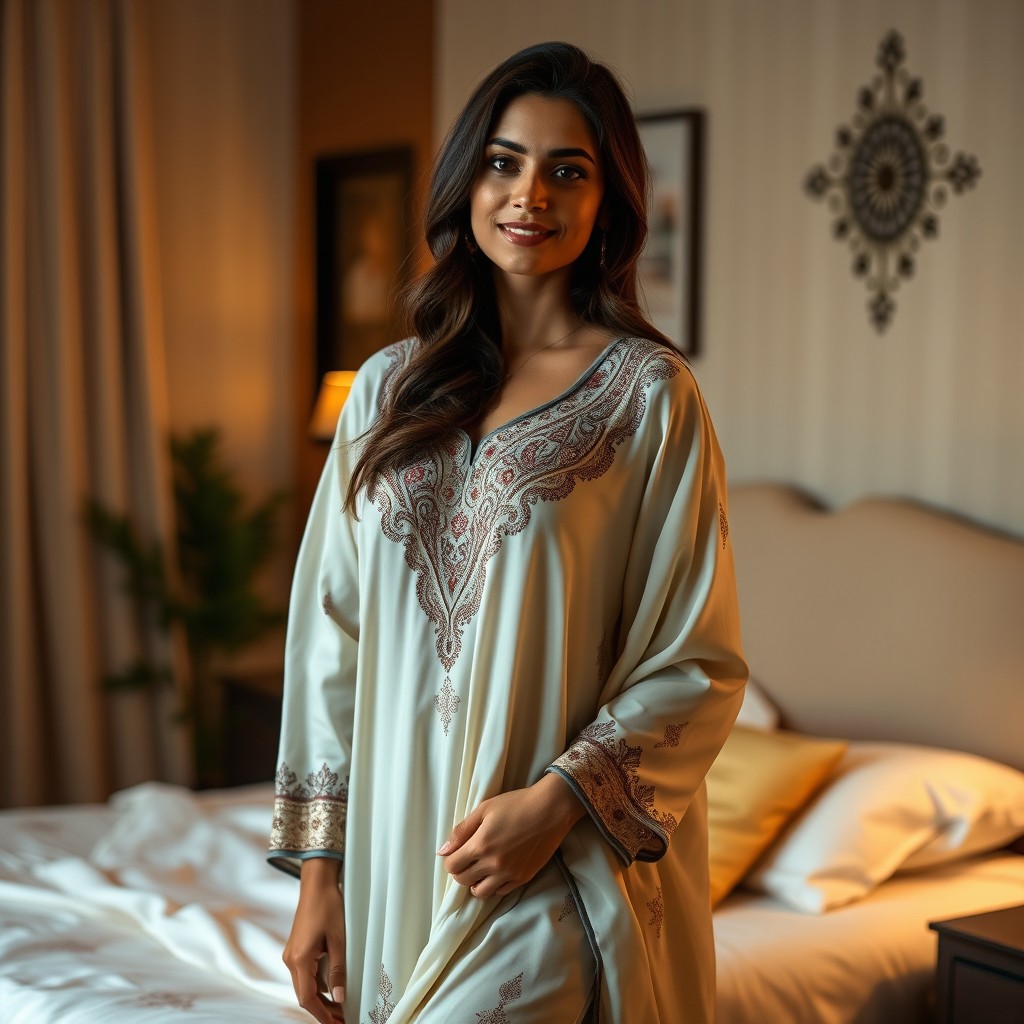A beautiful Indian woman wearing elegant nightwear, featuring intricate designs and patterns typical of Indian textiles