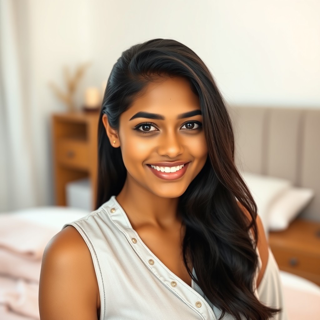 An Indian woman in stylish nightwear, showcasing her confident and relaxed demeanor while facing the camera