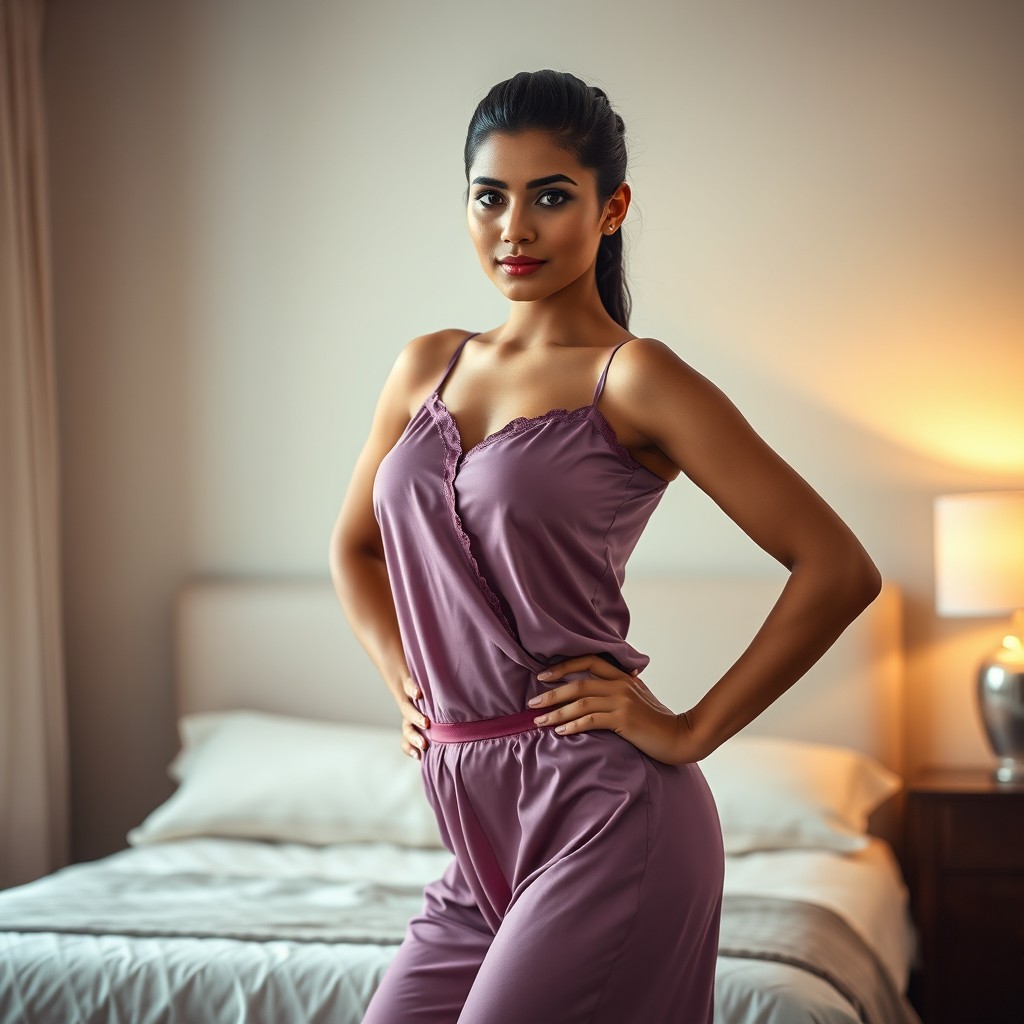 An Indian woman in fashionable nightwear, confidently standing with her hands on her hips while facing the camera