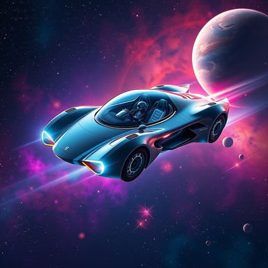 A futuristic flying car soaring gracefully through the vastness of space, surrounded by sparkling stars and distant galaxies