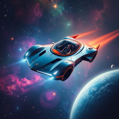 A futuristic flying car soaring gracefully through the vastness of space, surrounded by sparkling stars and distant galaxies