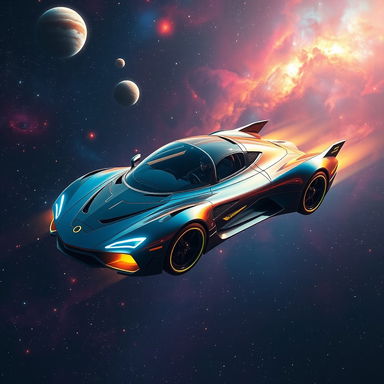 A futuristic flying car soaring gracefully through the vastness of space, surrounded by sparkling stars and distant galaxies