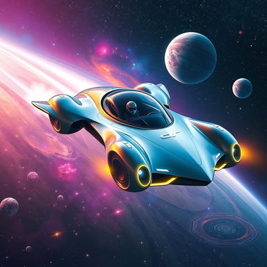 A futuristic flying car soaring gracefully through the vastness of space, surrounded by sparkling stars and distant galaxies