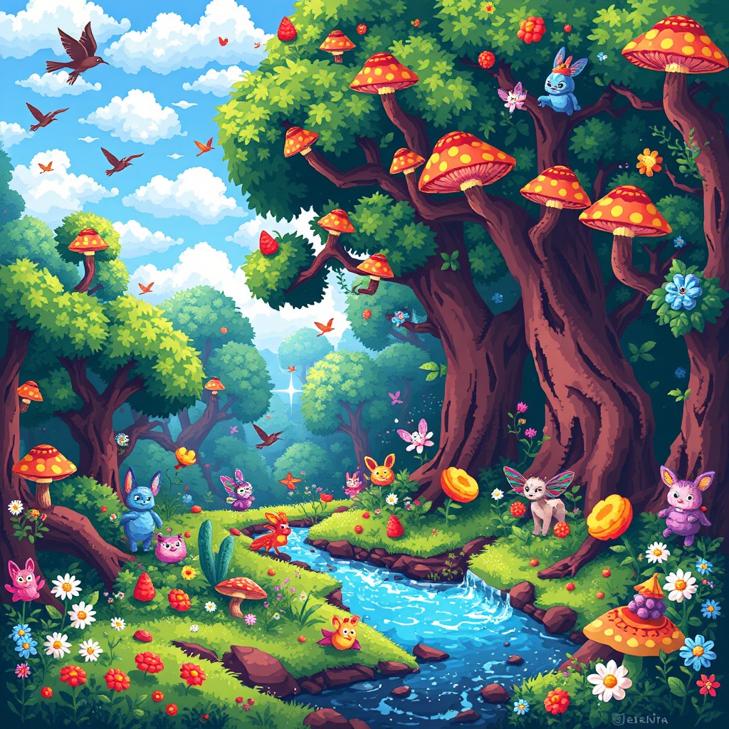 A vibrant and detailed pixel art scene depicting a lush fantasy forest filled with various magical creatures such as fairies and talking animals