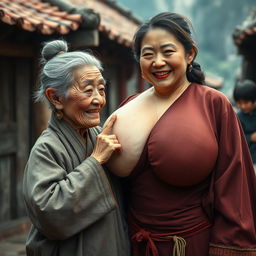 In a medieval Chinese village, an elderly dwarf woman, extremely small and malnourished with rotten teeth, is dressed in a long, closed Buddhist robe