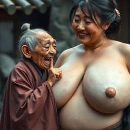 In a medieval Chinese village, an extremely small, elderly, malnourished Chinese dwarf woman with rotten teeth is wearing a long, closed Buddhist robe