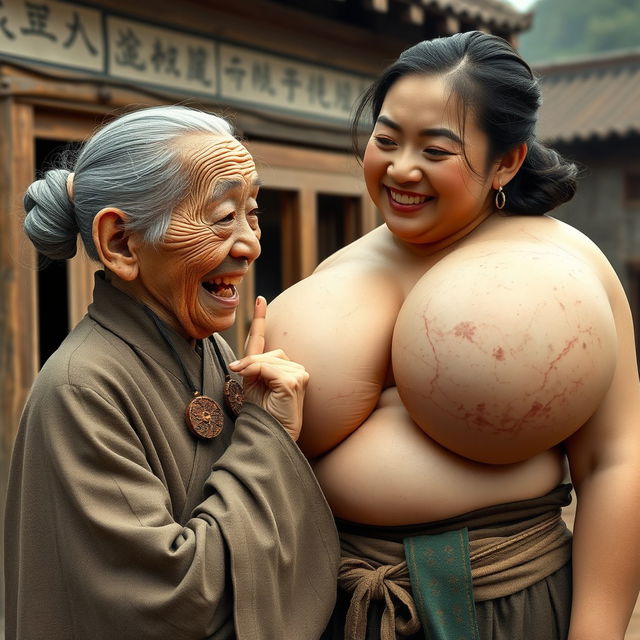 In a medieval Chinese village, an elderly, extremely small, malnourished Chinese dwarf woman with rotten teeth is clad in a long, closed Buddhist robe