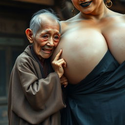 In a medieval Chinese village, a tiny elderly female dwarf with a malnourished body, sharp, rotten teeth, and medium-length grey hair wears a long, completely closed Buddhist robe, adorned with medieval earrings