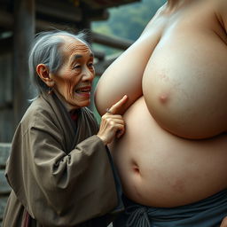 In a medieval Chinese village, an elderly dwarf woman, small in stature with a malnourished body, sharp rotten teeth, and medium-length grey hair, is dressed in a long, fully closed Buddhist robe and adorned with medieval earrings