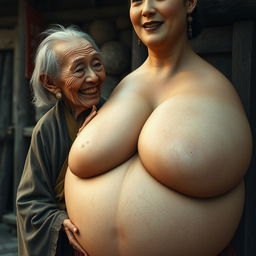 In a medieval Chinese village, an elderly dwarf woman, small in stature with a malnourished body, sharp rotten teeth, and medium-length grey hair, is dressed in a long, fully closed Buddhist robe and adorned with medieval earrings