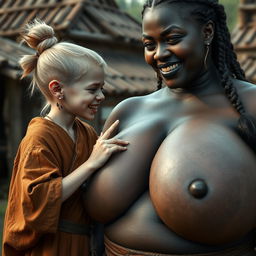 In a medieval village, a young German dwarf woman, small and emaciated with blonde hair styled in a bun, has sharp decayed teeth and is dressed in a long, closed Buddhist robe